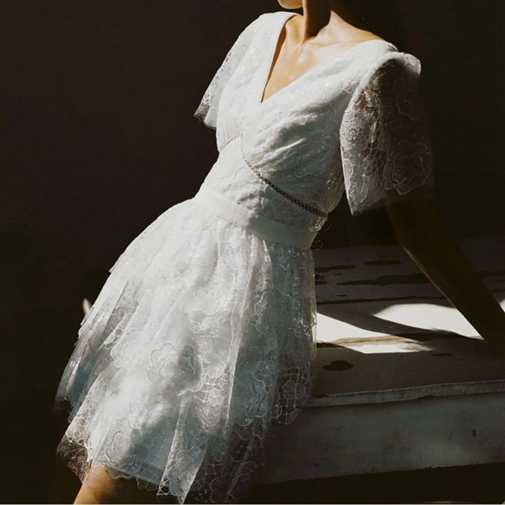 Self-Portrait Lace Mini Dress Rose Romantic Sequin Tiered White US 6 Cocktail